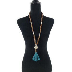 Bohemian Long Wooden Bead Necklace With Blue Tassel & Stone Pendant